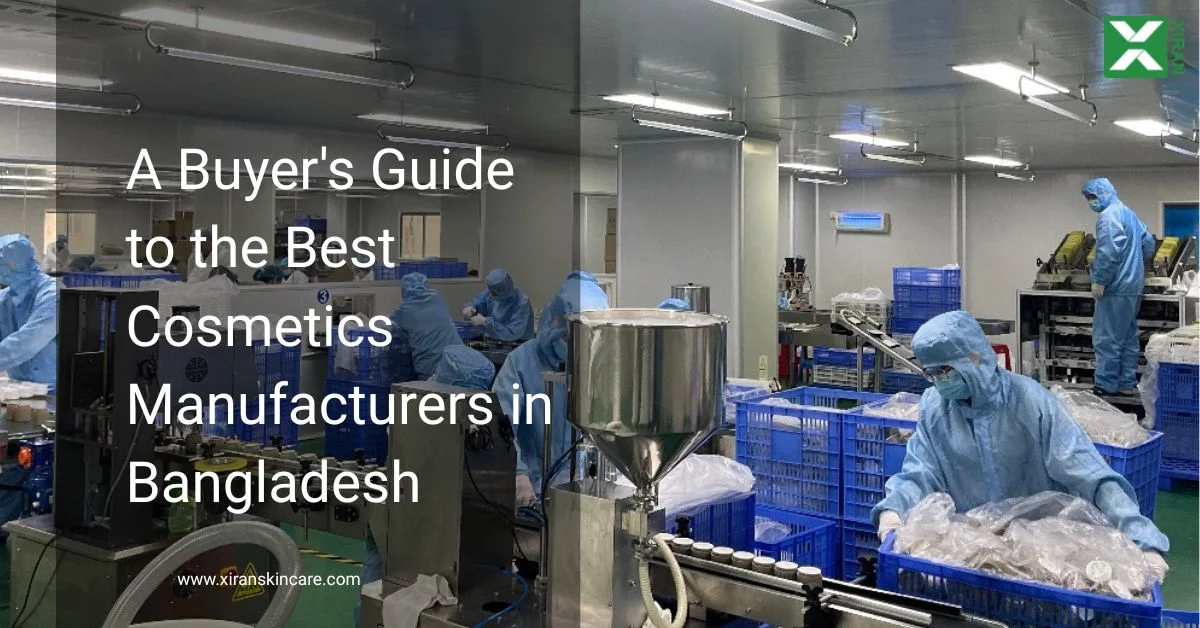 Workers in protective suits inside a cosmetics manufacturing facility in Bangladesh, handling products and machinery.